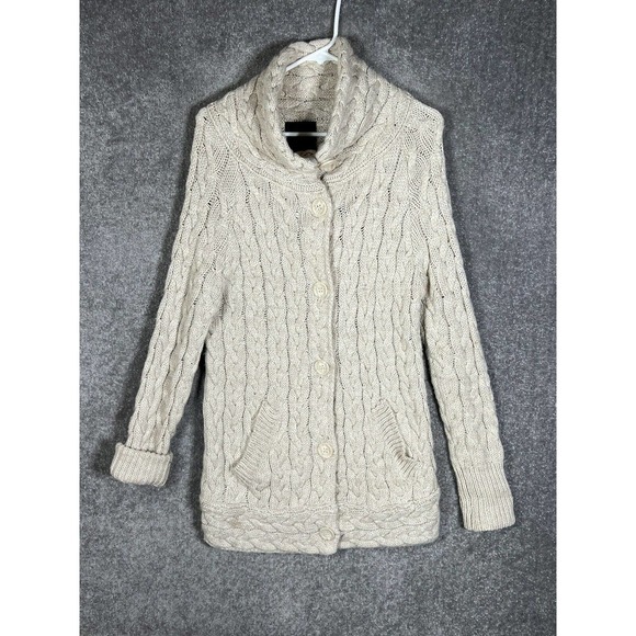 Zara Chunky Cable Knit Button Up Wool Acrylic Sweater Womens Small Pockets Beige - Picture 1 of 13